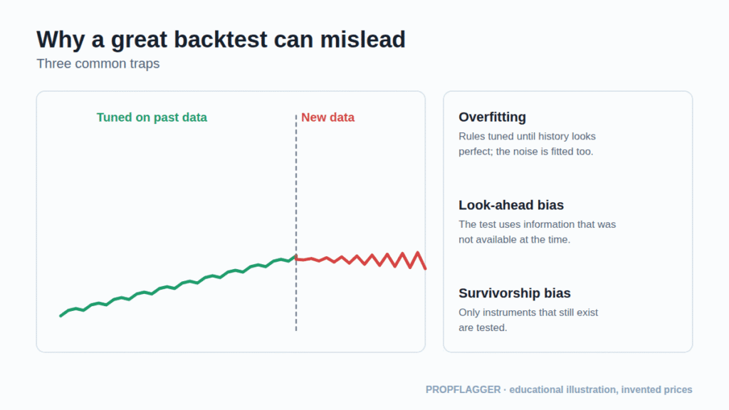 A smooth in-sample equity curve that turns noisy on new data, with three backtest pitfalls listed