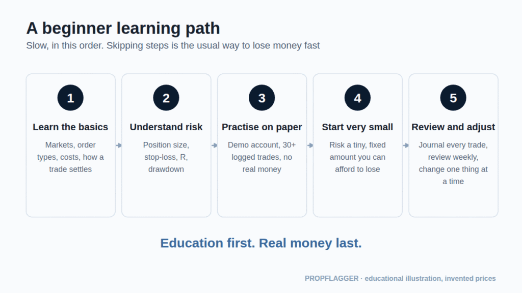 Five-step roadmap: learn the basics, understand risk, practise on paper, start very small, review and adjust