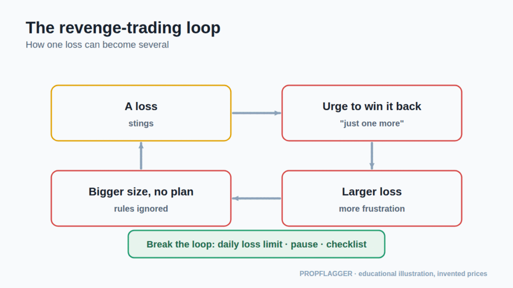 Loop diagram: a loss, the urge to win it back, bigger size without a plan, a larger loss, and a way to break the loop
