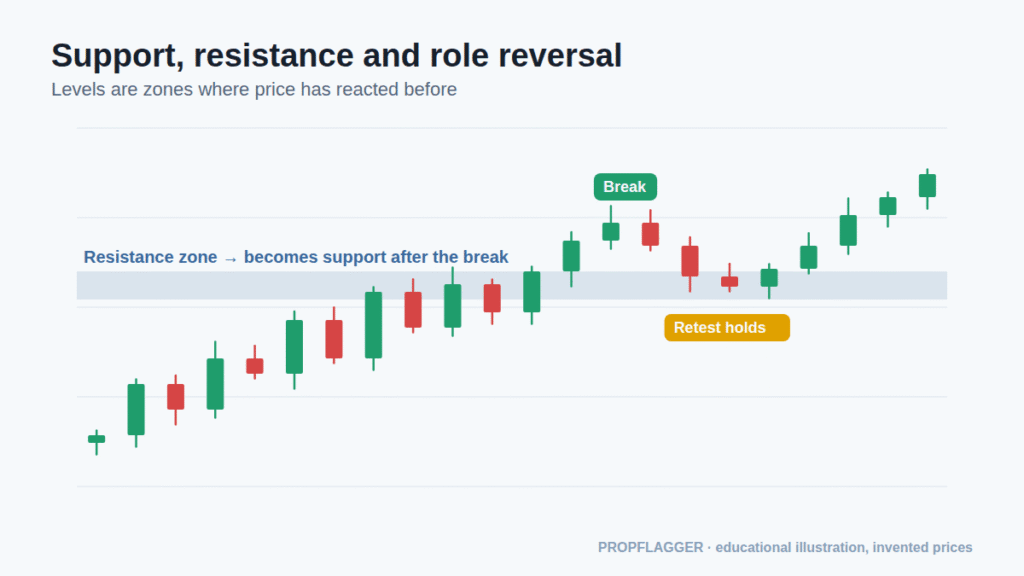 Candlestick chart where price breaks a resistance zone and later retests it as support