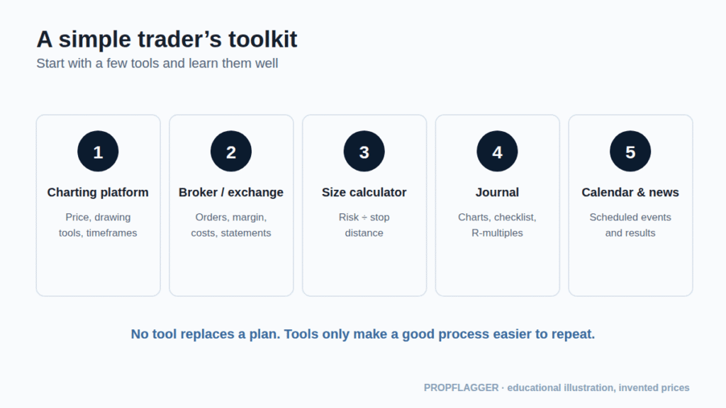 Five tool categories: charting platform, broker, size calculator, journal, calendar and news