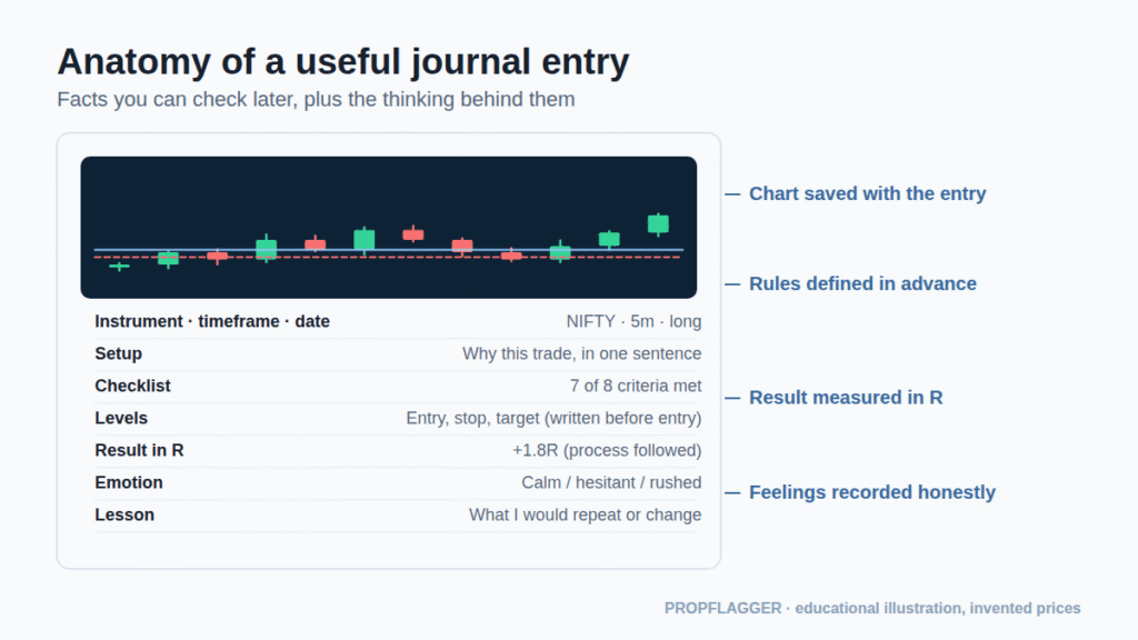 A journal entry mock-up with chart, setup, checklist, levels, result in R, emotion and lesson fields