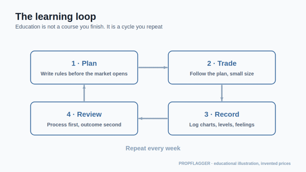 Loop diagram: plan, trade, record, review