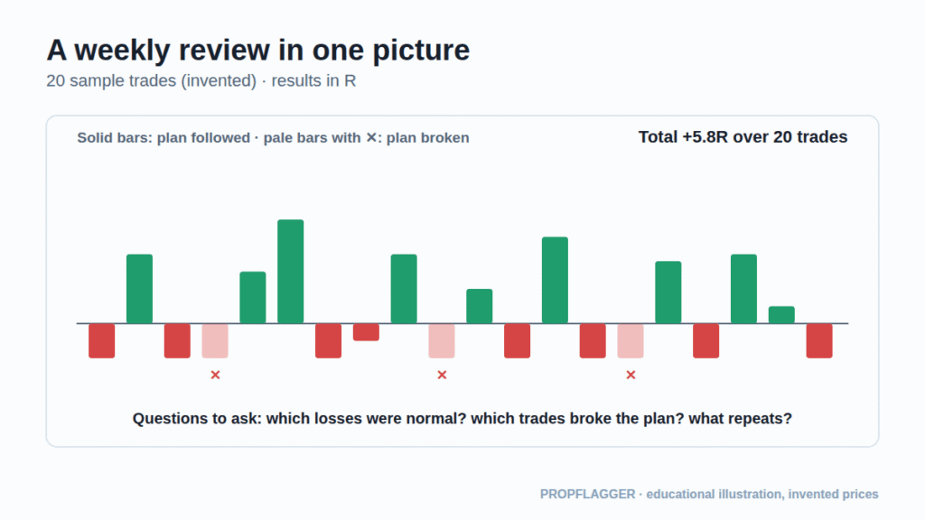 Bar chart of twenty sample trades in R with trades that broke the plan marked