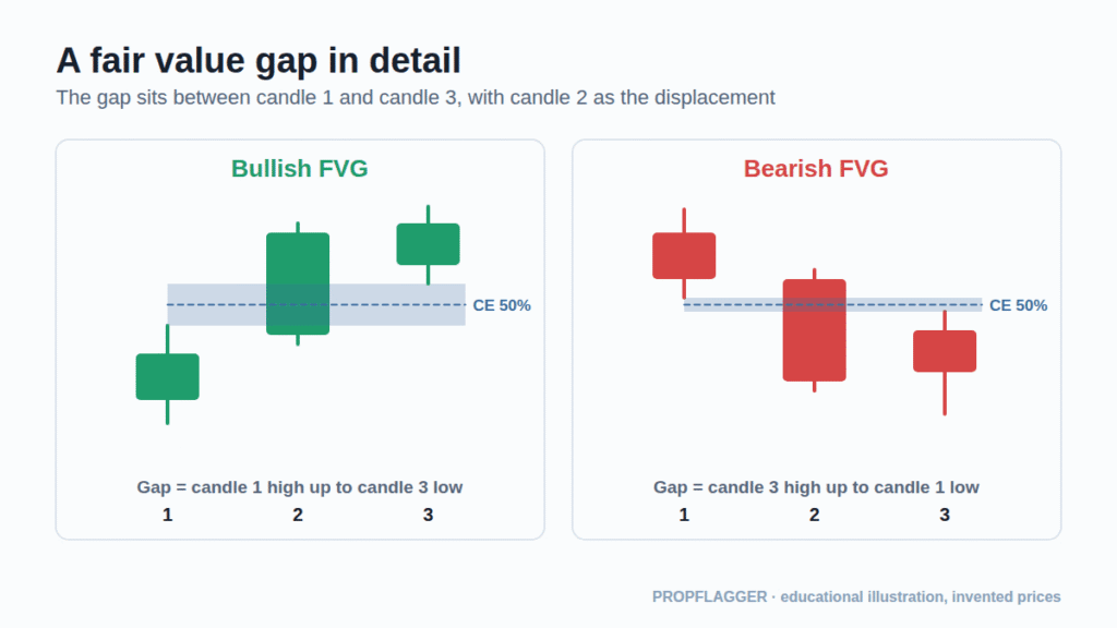 Three candle diagram showing the gap between the high of the first candle and the low of the third candle with the 50 percent consequent encroachment line