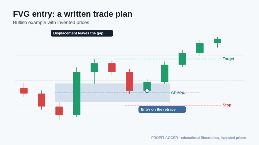 Trade plan chart with a limit entry at the fair value gap midpoint, the stop below the gap and the target at prior liquidity