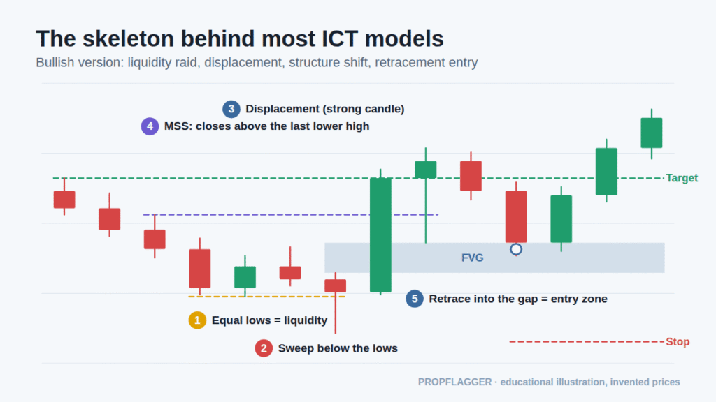 Candlestick chart of the common ICT sequence: equal lows, a sweep below them, a displacement candle, a market structure shift and a retracement into a fair value gap