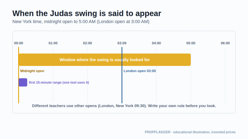 Timeline from midnight to 6 AM New York time showing the window where the Judas swing is looked for and the London open at 3 AM