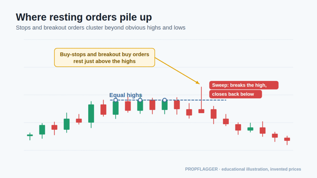 Candlestick chart with equal highs marked, buy-stops resting above them and a candle that sweeps the highs then closes back below