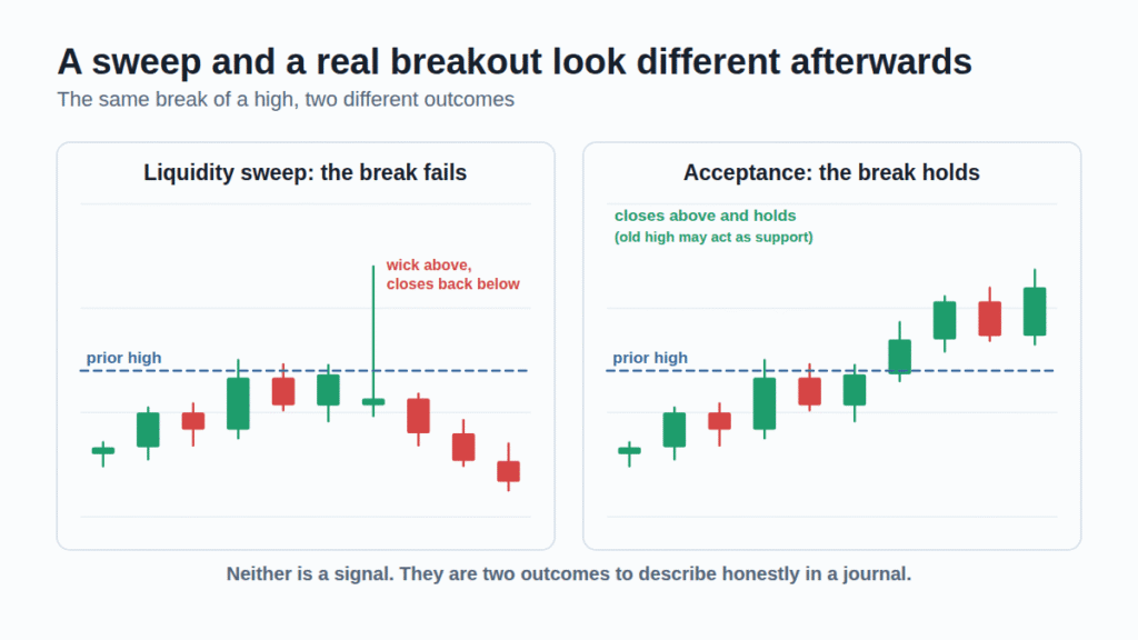 Two small charts comparing a liquidity sweep that closes back below a high with a breakout that closes above and holds