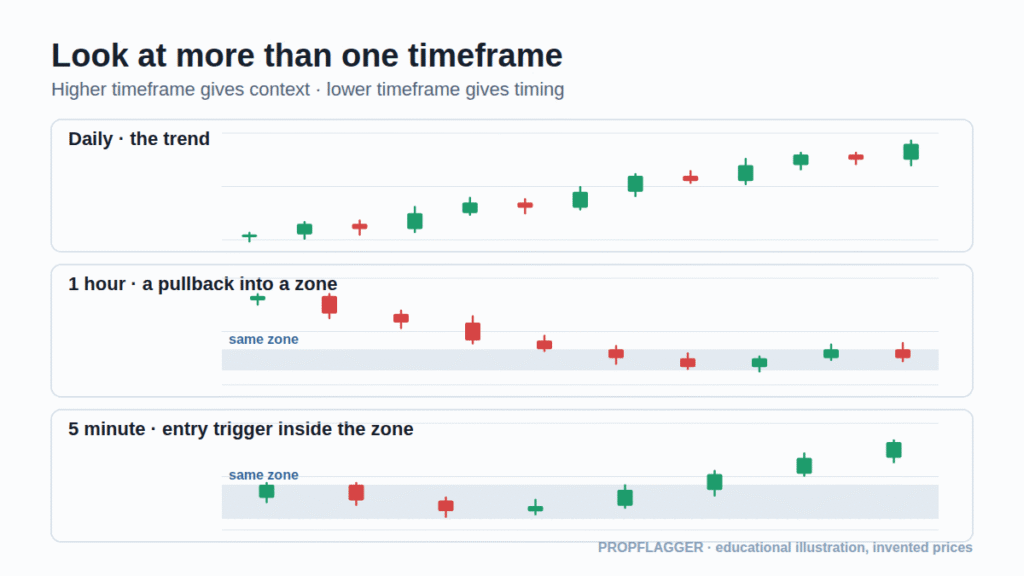Three stacked charts of the same market on the daily, one-hour and five-minute timeframes with one zone highlighted