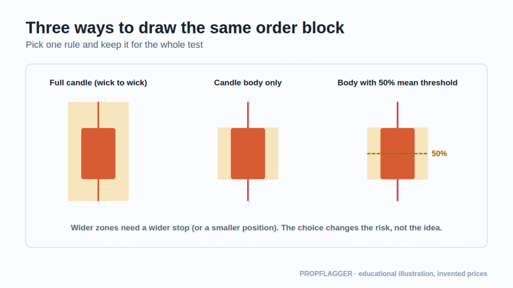 Three versions of the same order block drawn from the full candle, from the body and at the 50 percent mean threshold