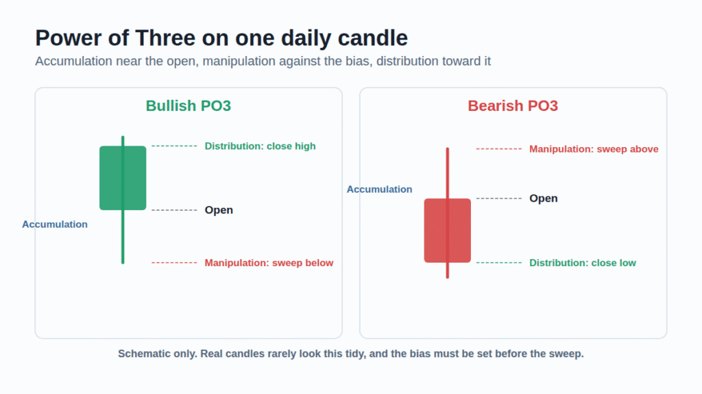 Bullish and bearish daily candle schematics showing accumulation, manipulation and distribution relative to the open
