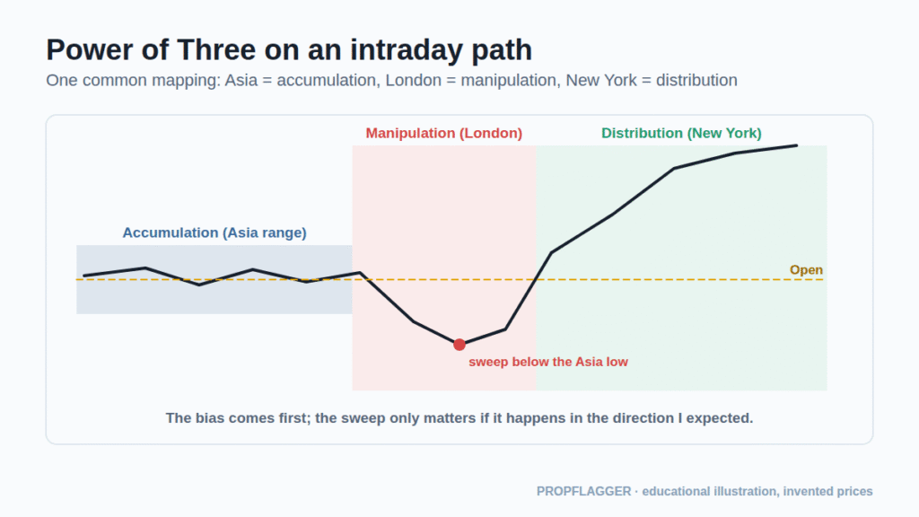 Intraday price path with the Asia range as accumulation, a London sweep as manipulation and a New York rally as distribution
