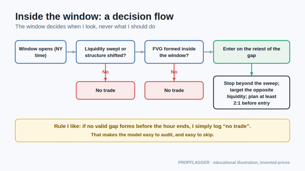 Flow chart: window opens, sweep or shift, fair value gap forms inside the window, enter on retest, otherwise no trade