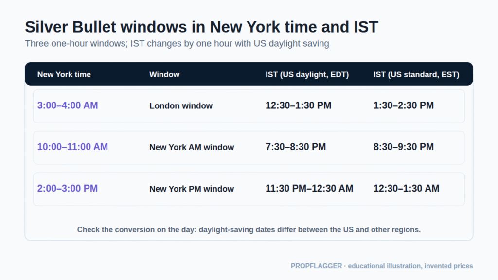 Table of the three Silver Bullet windows in New York time with IST equivalents in US daylight and standard time
