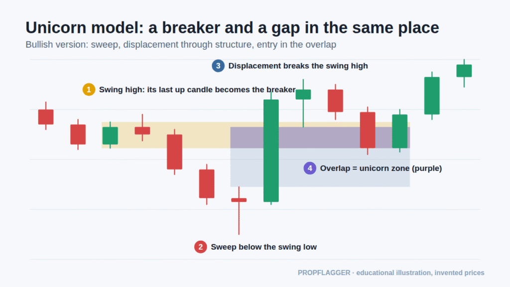 Candlestick chart showing a swing high, a sweep below the swing low, displacement through the swing high and the overlap of a breaker and a fair value gap