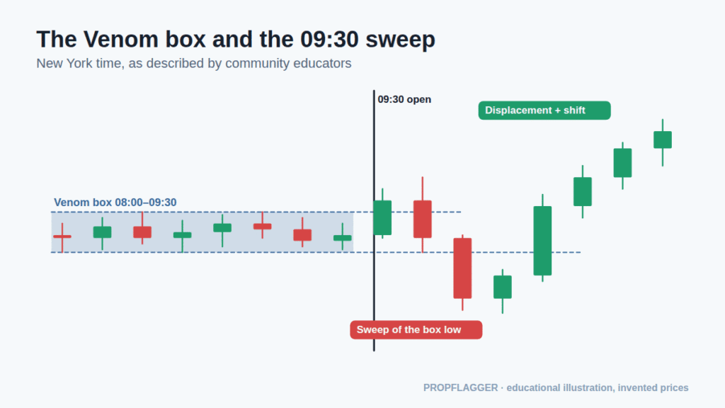 Chart of the ICT Venom model with a box from 08:00 to 09:30 New York time, a sweep of the box high at the open and a reversal back through the box